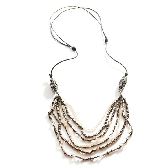 J. Jill Layered Necklace Art Deco Silver Tone Hematite Bead Pavé Adjustable Cord - Picture 3 of 15